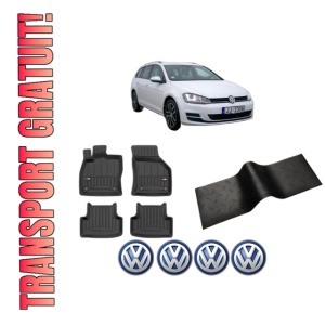 Set 5 covorase auto Volkswagen GOLF VII Variant (BA5, BV5) din 2007-2015, cu covoras tunel median, presuri auto din cauciuc, 4x Stickere auto cu Volkswagen