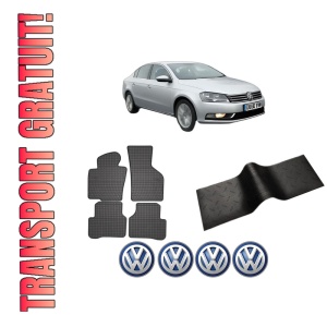 Set 5 covorase auto Volkswagen PASSAT B7 (A32, A33) din 2008-2012, cu covoras tunel median, presuri auto din cauciuc, 4x Stickere auto cu Volkswagen