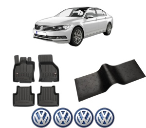 Set 5 covorase auto Volkswagen PASSAT B8 (3G2, CB2) din 2018-2024, cu covoras tunel median, presuri auto din cauciuc, 4x Stickere auto cu Volkswagen - Img 2