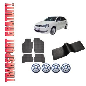 Set 5 covorase auto Volkswagen POLO VIVO Hatchback (6S1, 6S3) din 2004-2012, cu covoras tunel median, presuri auto din cauciuc, 4x Stickere auto cu Volkswagen