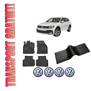 Set 5 covorase auto Volkswagen TIGUAN (AD1, AX1) din 2006-2015, cu covoras tunel median, presuri auto din cauciuc, 4x Stickere auto cu Volkswagen