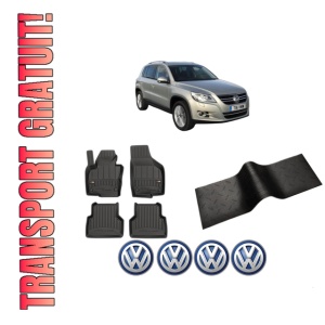 Set 5 covorase auto Volkswagen TIGUAN VAN (5N_) din 2003-2008, cu covoras tunel median, presuri auto din cauciuc, 4x Stickere auto cu Volkswagen