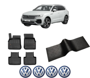 Set 5 covorase auto Volkswagen TOUAREG (CR7, RC8) din 2013-2020, cu covoras tunel median, presuri auto din cauciuc, 4x Stickere auto cu Volkswagen - Img 2