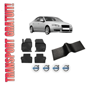 Set 5 covorase auto VOLVO S80 II (124) din 2014-2021, cu covoras tunel median, presuri auto din cauciuc, 4x Stickere auto cu VOLVO