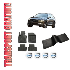 Set 5 covorase auto VOLVO XC60 II (246) din 2004-2011, cu covoras tunel median, presuri auto din cauciuc, 4x Stickere auto cu VOLVO