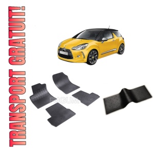 Set 5 covorase DS 3 din 2009-03.2019, cu covoras tunel median, CAROSERIE HATCHBACK, Presuri cauciuc 100%, compatibil cu autoturismul DS 3, Rigum