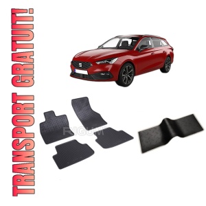 Set 5 covorase SEAT LEON E-HYBRID din 2020-PREZENT, cu covoras tunel median, CAROSERIE COMBI HYBRID, Presuri cauciuc 100%, compatibil cu autoturismul SEAT LEON E-HYBRID, Rigum