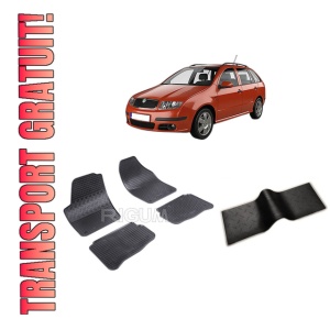 Set 5 covorase SKODA FABIA I din 2000-2007, cu covoras tunel median, CAROSERIE COMBI, Presuri cauciuc 100%, compatibil cu autoturismul SKODA FABIA I, Rigum