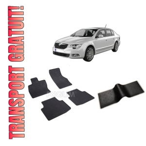 Set 5 covorase SKODA SUPERB III din 05.2015-11.2023, cu covoras tunel median, CAROSERIE SEDAN, Presuri cauciuc 100%, compatibil cu autoturismul SKODA SUPERB III, Rigum
