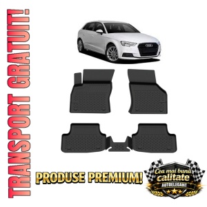 Set covorase Audi A3 din 2013 - 2020, covorase presuri tavita auto, cu tunel median intermediar din cauciuc thermoplastic, 4 Stickere auto cu Audi
