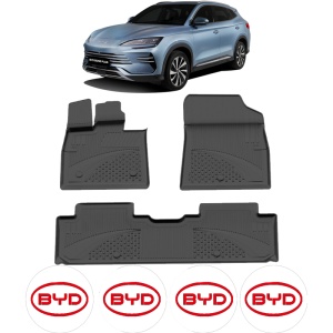 Set covorase BYD Song Plus din 2021, covorase presuri tavita auto, cu tunel median intermediar din cauciuc thermoplastic, 4 Stickere auto cu BYD - Img 2