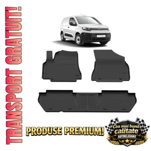 Set covorase Citroen Berlingo din 2019, covorase presuri tavita auto, cu tunel median intermediar din cauciuc thermoplastic, 4 Stickere auto cu Citroen