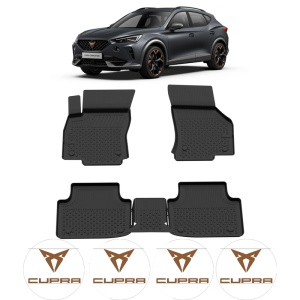 Set covorase Cupra Formentor Facelift din 2024, covorase presuri tavita auto, cu tunel median intermediar din cauciuc thermoplastic, 4 Stickere auto cu Cupra - Img 2
