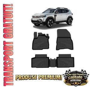 Set covorase Dacia Duster III din 2024 - doar versiunile TCE 130, covorase presuri tavita auto, cu tunel median intermediar din cauciuc thermoplastic, 4 Stickere auto cu Dacia