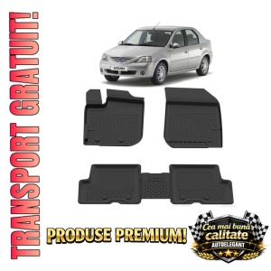 Set covorase Dacia Logan I din 2004 - 2012, covorase presuri tavita auto, cu tunel median intermediar din cauciuc thermoplastic, 4 Stickere auto cu Dacia