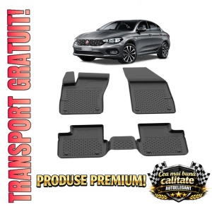 Set covorase Fiat Tipo Sedan din 2015, covorase presuri tavita auto, cu tunel median intermediar din cauciuc thermoplastic, 4 Stickere auto cu Fiat