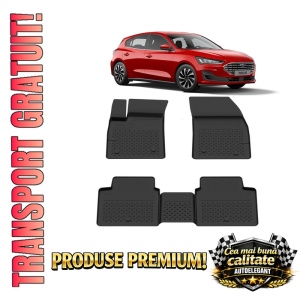 Set covorase Ford Focus IV din 2018, covorase presuri tavita auto, cu tunel median intermediar din cauciuc thermoplastic, 4 Stickere auto cu Ford