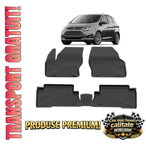 Set covorase Ford Grand C-Max din 2010 - 2019, covorase presuri tavita auto, cu tunel median intermediar din cauciuc thermoplastic, 4 Stickere auto cu Ford