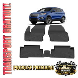 Set covorase Ford Kuga II din 2012 - 2019, covorase presuri tavita auto, cu tunel median intermediar din cauciuc thermoplastic, 4 Stickere auto cu Ford