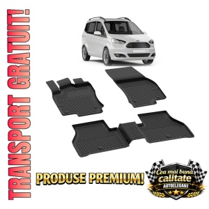 Set covorase Ford Tourneo Courier din 2014-2023, covorase presuri tavita auto, cu tunel median intermediar din cauciuc thermoplastic, 4 Stickere auto cu Ford