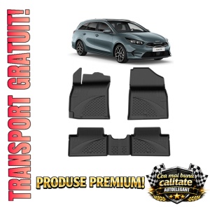 Set covorase KIA Ceed III Combi din 2018, covorase presuri tavita auto, cu tunel median intermediar din cauciuc thermoplastic, 4 Stickere auto cu KIA