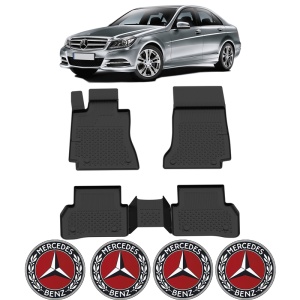 Set covorase Mercedes C-Class W204 din 2007 - 2014, covorase presuri tavita auto, cu tunel median intermediar din cauciuc thermoplastic, 4 Stickere auto cu Mercedes - Img 2
