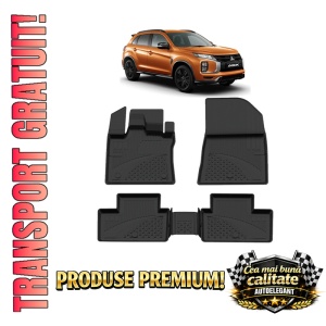 Set covorase Mitsubishi ASX din 2023, covorase presuri tavita auto, cu tunel median intermediar din cauciuc thermoplastic, 4 Stickere auto cu Mitsubishi