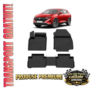 Set covorase Nissan Qashqai III din 2021, covorase presuri tavita auto, cu tunel median intermediar din cauciuc thermoplastic, 4 Stickere auto cu Nissan