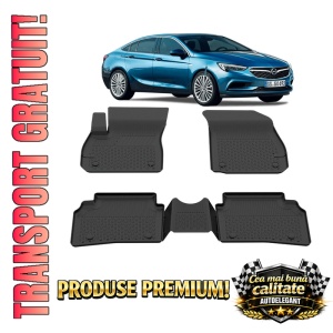 Set covorase Opel Insignia II din 2017, covorase presuri tavita auto, cu tunel median intermediar din cauciuc thermoplastic, 4 Stickere auto cu Opel