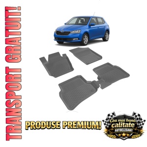 Set covorase Skoda Fabia III din 2014 - 2021, covorase presuri tavita auto, cu tunel median intermediar din cauciuc thermoplastic, 4 Stickere auto cu Skoda