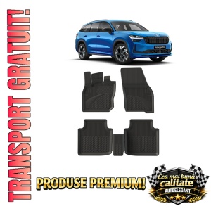 Set covorase Skoda Kodiaq din 2024, covorase presuri tavita auto, cu tunel median intermediar din cauciuc thermoplastic, 4 Stickere auto cu Skoda