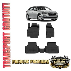 Set covorase Skoda Scala din 2019, covorase presuri tavita auto, cu tunel median intermediar din cauciuc thermoplastic, 4 Stickere auto cu Skoda