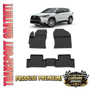 Set covorase Toyota Corolla Cross din 2022, covorase presuri tavita auto, cu tunel median intermediar din cauciuc thermoplastic, 4 Stickere auto cu Toyota