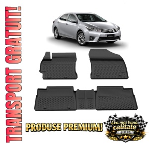 Set covorase Toyota Corolla din 2013 - 2018, covorase presuri tavita auto, cu tunel median intermediar din cauciuc thermoplastic, 4 Stickere auto cu Toyota