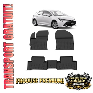 Set covorase Toyota Corolla Hatchback din 2018, covorase presuri tavita auto, cu tunel median intermediar din cauciuc thermoplastic, 4 Stickere auto cu Toyota