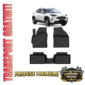 Set covorase Toyota Yaris Cross Hybrid din 2020, covorase presuri tavita auto, cu tunel median intermediar din cauciuc thermoplastic, 4 Stickere auto cu Toyota