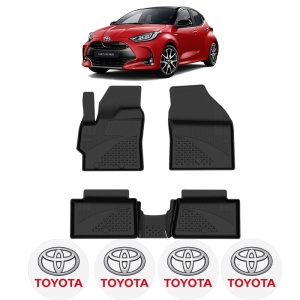 Set covorase Toyota Yaris din 2020, covorase presuri tavita auto, cu tunel median intermediar din cauciuc thermoplastic, 4 Stickere auto cu Toyota - Img 2