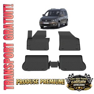 Set covorase Volkswagen Caddy din 2003 - 2020, covorase presuri tavita auto, cu tunel median intermediar din cauciuc thermoplastic, 4 Stickere auto cu Volkswagen