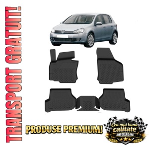 Set covorase Volkswagen Golf VI din 2008 - 2012, covorase presuri tavita auto, cu tunel median intermediar din cauciuc thermoplastic, 4 Stickere auto cu Volkswagen