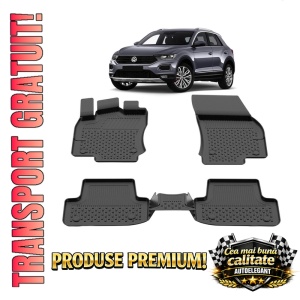 Set covorase Volkswagen T-ROC din 2019, covorase presuri tavita auto, cu tunel median intermediar din cauciuc thermoplastic, 4 Stickere auto cu Volkswagen