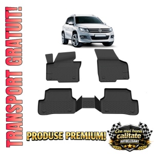 Set covorase Volkswagen Tiguan I din 2007-2015, covorase presuri tavita auto, cu tunel median intermediar din cauciuc thermoplastic, 4 Stickere auto cu Volkswagen