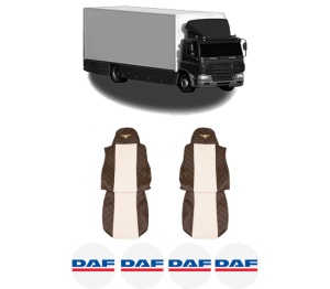 Set Huse Scaune Camion Tir DAF CF 65 din 2001-2013, Auto, Model ELEGANCE Q, Culoare Bej/Maro, 4x Stickere auto cu DAF