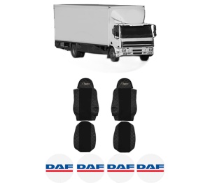 Set Huse Scaune Camion Tir DAF CF 75 din 2001-2013, Auto, Model ELEGANCE Q, Culoare Negru, 4x Stickere auto cu DAF