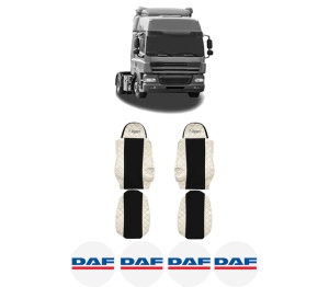 Set Huse Scaune Camion Tir DAF CF 85 din 2001-2020, Auto, Model ELEGANCE Q, Culoare Bej, 4x Stickere auto cu DAF