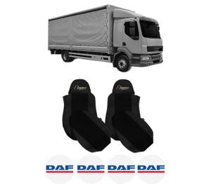 Set Huse Scaune Camion Tir DAF LF 55 din 2001-2009, Auto, Model ELEGANCE S, Culoare Negru, 4x Stickere auto cu DAF