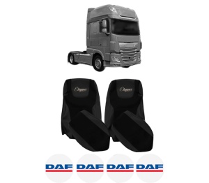 Set Huse Scaune Camion Tir DAF XF 106 din 2012-2017, Auto, Model ELEGANCE S, Culoare Negru, 4x Stickere auto cu DAF
