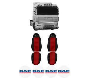 Set Huse Scaune Camion Tir DAF XF 95 din 2002-2006, Auto, Model CLASSIC, Culoare Rosu, 4x Stickere auto cu DAF
