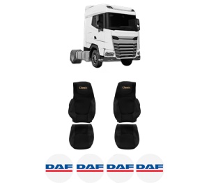 Set Huse Scaune Camion Tir DAF XG din 2021, Auto, Model CLASSIC, Culoare Negru, 4x Stickere auto cu DAF