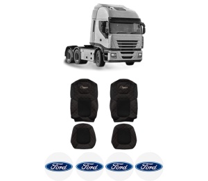 Set Huse Scaune Camion Tir FORD STRALIS II din 2012-2017, Auto, Model ELEGANCE Q, Culoare Negru / Rosu, 4x Stickere auto cu FORD