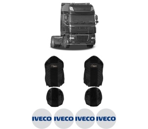 Set Huse Scaune Camion Tir Iveco 95 XF din 1997-2002, Auto, Model ELEGANCE Q, Culoare Negru, 4x Stickere auto cu Iveco